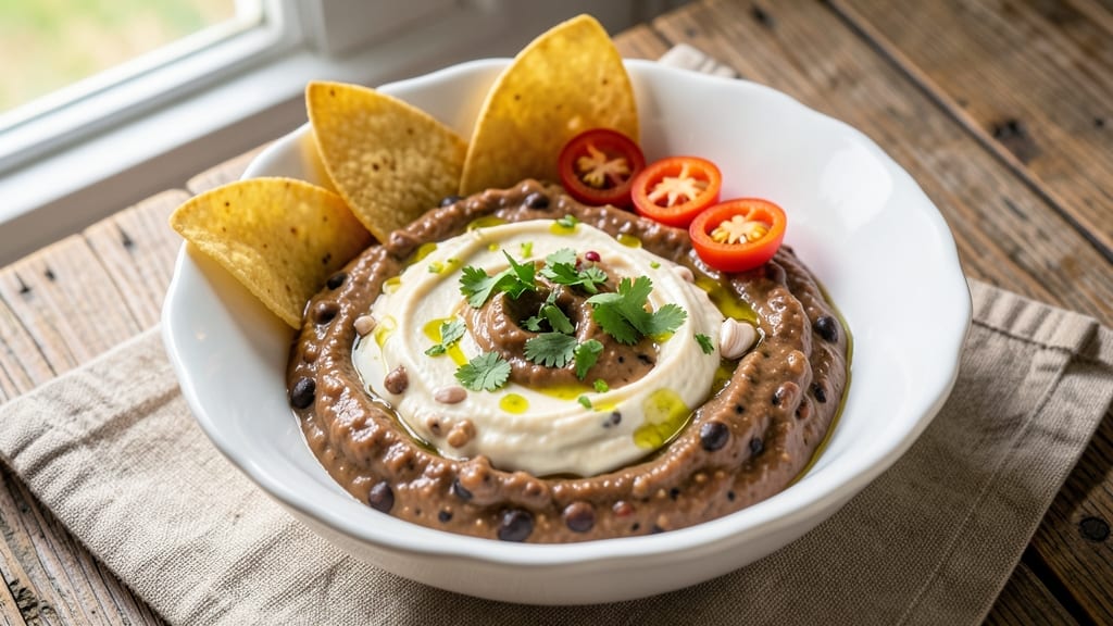 Black Bean and Cream Cheese Dip Recipe: Crunchy Tortilla Crowns Over Velvety Base