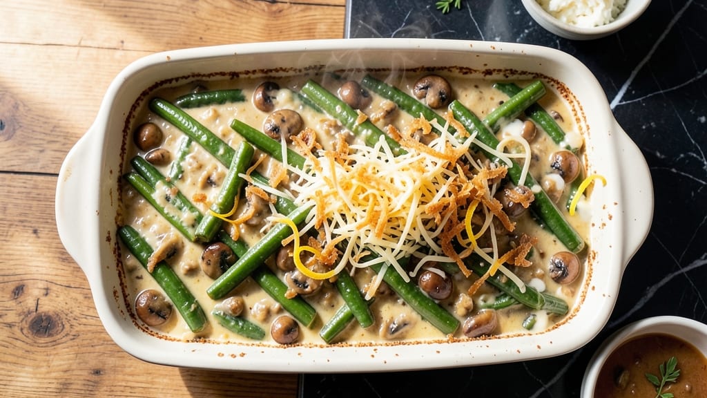 Best Tasting Green Bean Casserole Recipe: Creamy Mushroom Cheese with Crispy Fried Onion Crowns