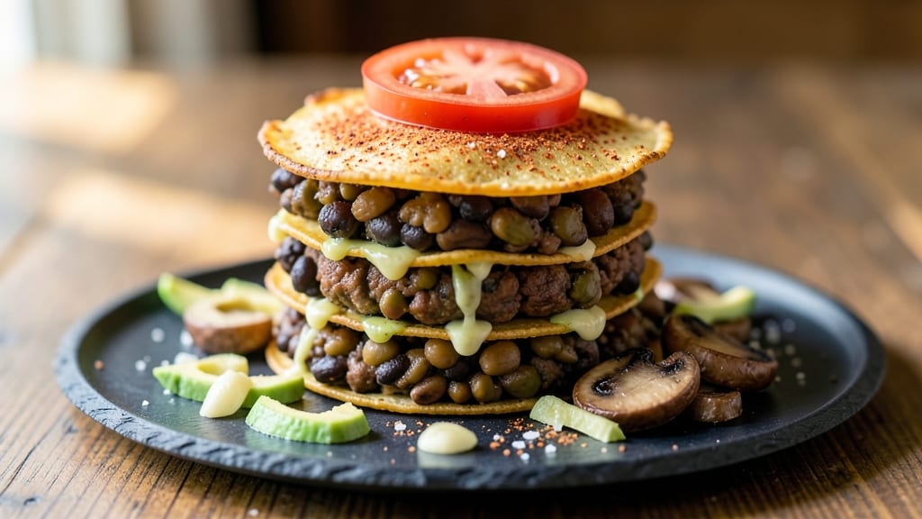 Bean and Lentil Burger Recipe: Mushroom Umami and Crispy Tortilla Fusion