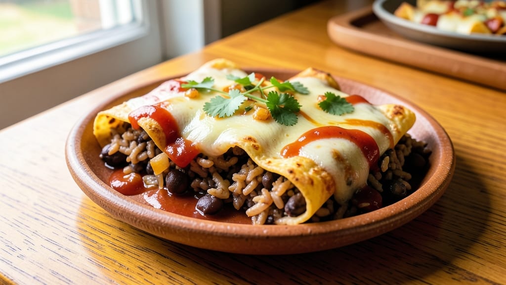 Black Bean and Rice Enchiladas Recipe: Crispy Tortilla Layers With Spiced Cheese Rivers