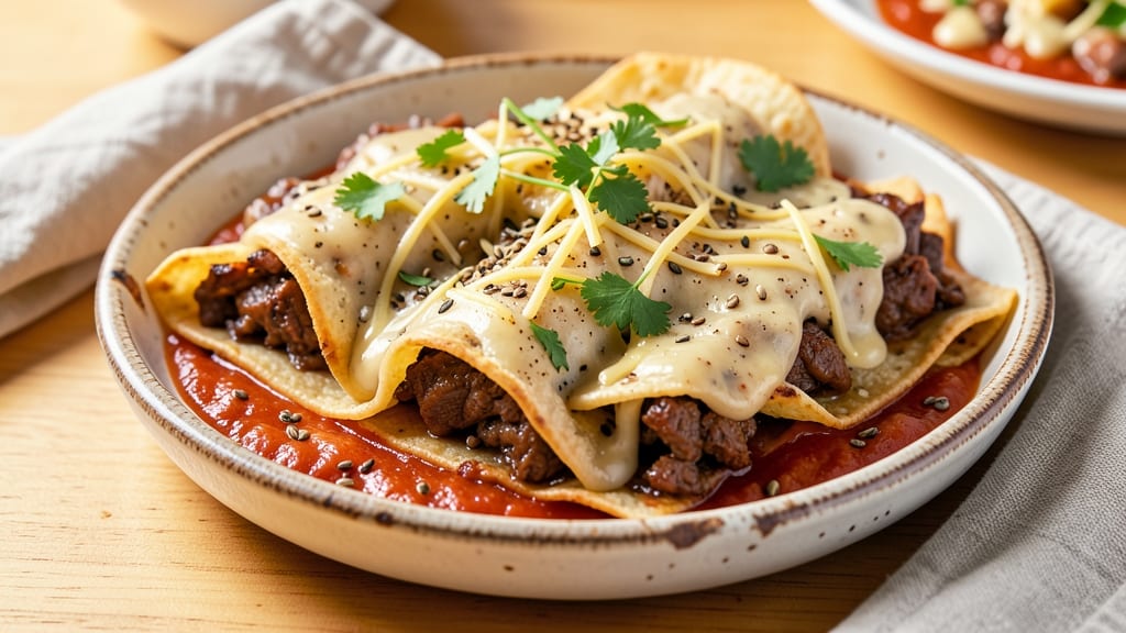 Beef and Refried Bean Enchiladas Recipe: Smoky Tortilla Layers with Melty Cheese Rivers