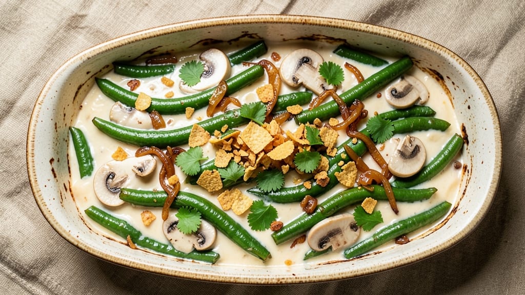Asian Green Bean Casserole Recipe: Crispy Tortilla Crowns Over Savory Soy-Ginger Sauce