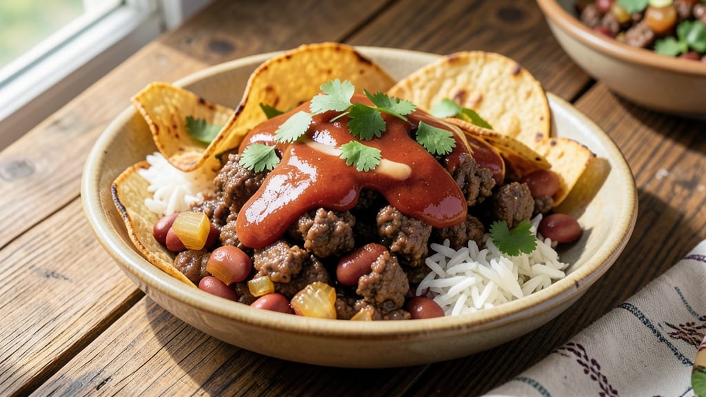 Beef Bean and Rice Enchilada Recipe: Smoky Tortilla Crunch Over Melty Cheese Rivers