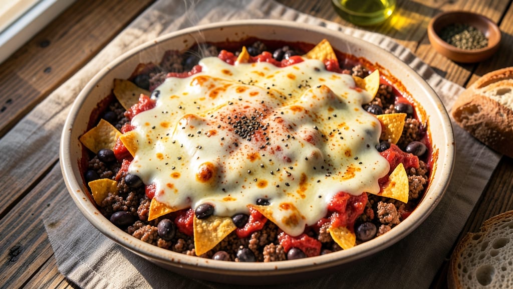 Beef and Bean Taco Casserole Recipe: Layered Crunch With Melty Cheese Rivers