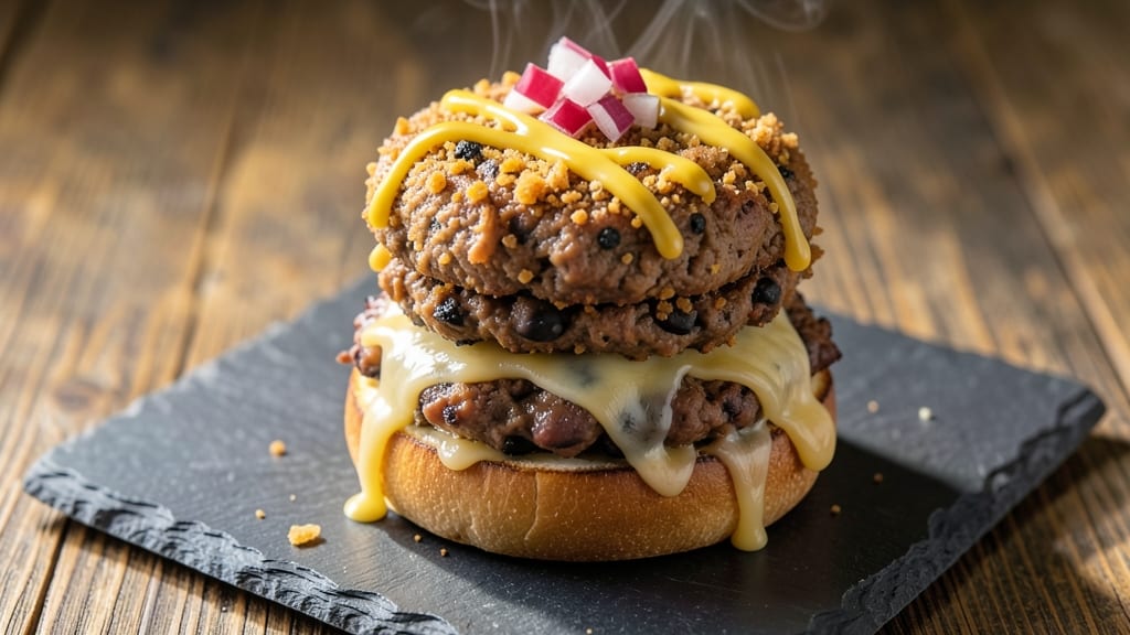 Baked Bean and Black Bean Burger Recipe: Smoky Tortilla-Crusted Stacks With Melty Cheese Rivers