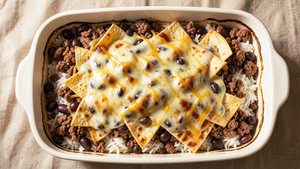 Beef and Bean Burrito Casserole Recipe: Crispy Tortilla Layers Over Smoky Cumin Cheese
