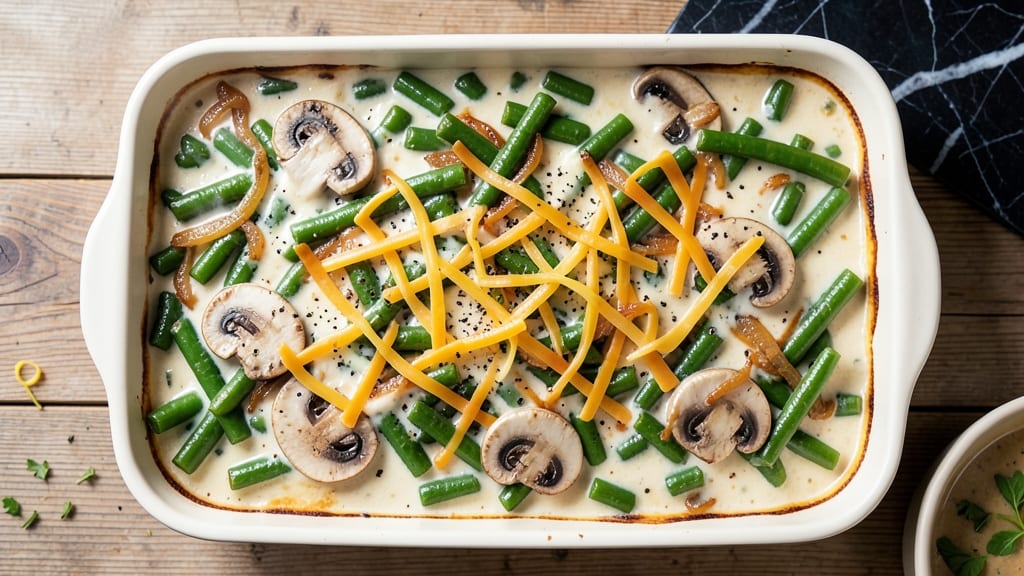 Awesome Green Bean Casserole Recipe: Cheesy French Fried Onions Crunch Over Creamy Mushroom Sauce
