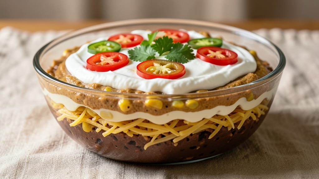 7 Layer Mexican Bean Dip Recipe: Crunchy Tortilla Crowns Over Creamy Cumin-Lime Bliss
