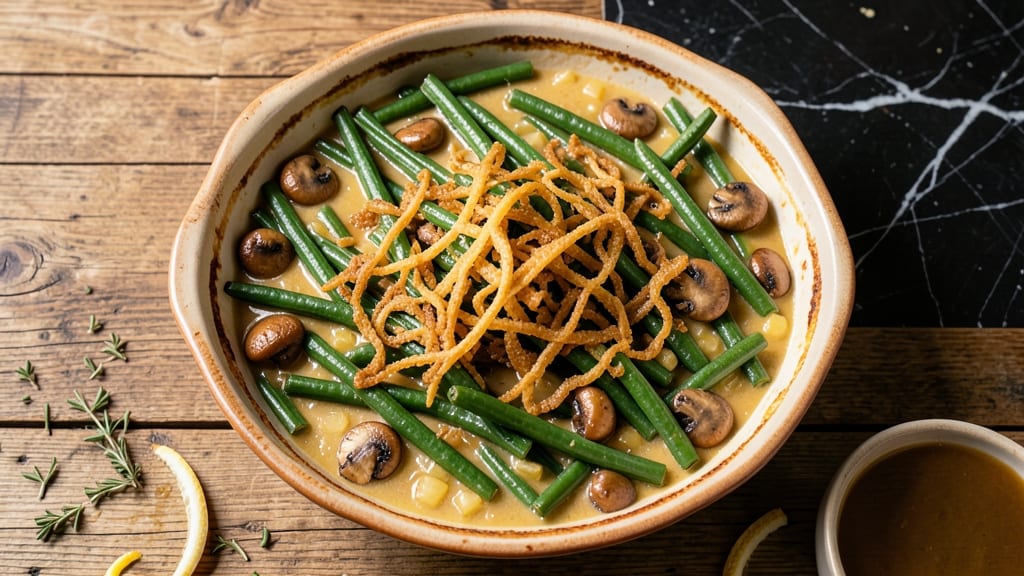 Allens Green Bean Casserole Recipe: French-Fried Onions and Creamy Mushroom Layers