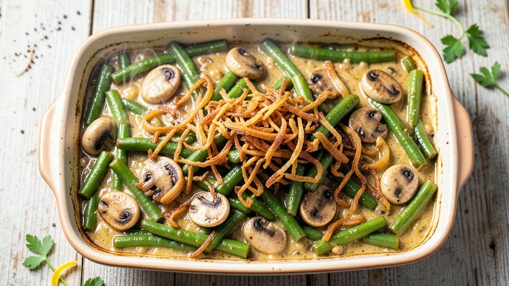 Binging With Babish Green Bean Casserole Recipe: Crunchy Topping Over Creamy Mushroom Cheese