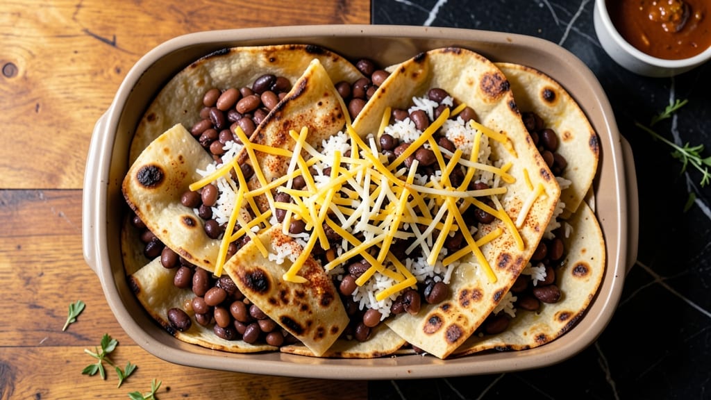 Bean Burrito Bake Recipe: Layered Fiesta Bake With Gooey Cheese and Crispy Tortilla Bites
