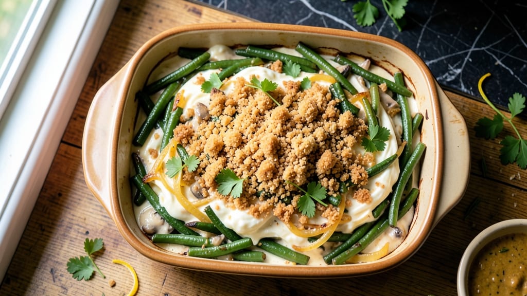 Black Green Bean Casserole Recipe: Crispy Fried Onion Crowns Over Creamy Mushroom Cheese